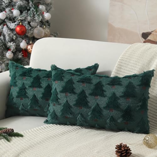 Image of Allorry Christmas Pillow Covers 12x20 inch Set of 2 Christmas Decorations Soft Plush Faux Fur Wool Green Christmas Tree Throw Pillow Cases Winter Holiday Decor for Sofa Living Room PT-002A12