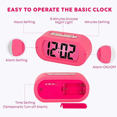 Image of Plumeet Kids Alarm Clock Large Digital LCD Travel Alarm Clocks with Snooze and Night Light - Ascending Sound and Handheld Sized - Best Gift for Kids (Pink)
