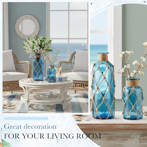 Image of Chuangdi Set of 2 Coastal Glass Flower Vase with Boho Rope, Navy Blue | Coastal Vase, Small Sea Glass Jar, Nautical Beach Bottle for Wedding Table Centerpieces Floral Arrangement Decor