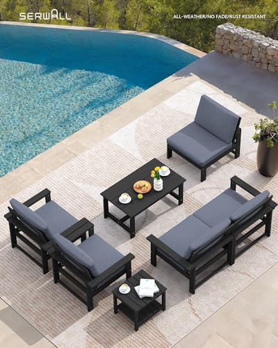 SERWALL-HDPE-Outdoor-Patio-Furniture-Set-7-Piece-Outdoor-Sectional-Patio-Conversation-Set-All-Weather-Outdoor-Couch-Set-Patio-Sofa-Set-for-Deck-Lawn-Black-Frame-with-Grey-Cushion SERWALL HDPE Outdoor Patio Furniture Set 7 Piece Outdoor Sectional Patio Conversation Set All Weather Outdoor Couch Set Patio Sofa Set for Deck Lawn Black Frame with Grey Cushion