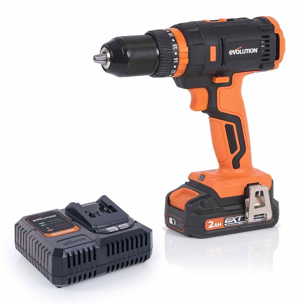 Evolution Power Tools Bezprzewodowa wiertarko-wkrętarka kombi R13CMB-Li ze zmienną prędkością i zaczepem do paska, kompatybilna z Erbauer 18v EXT, Bateria i ładowarka w zestawie