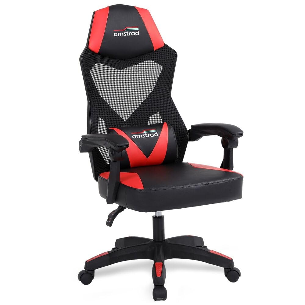 Sedia Gaming 02-RED, Rete Traspirante, Schienale Reclinabile 135°, Cuscino Lombare, Nero e Rosso