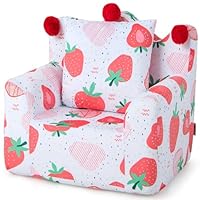 GYMAX Kids Sofa Chair, Upholstered Toddler Armchair with Padded Pillow and Washable Velvet Cover, Crown Shape Ergonomic Children Couch for Bedroom Playroom Nursery (Strawberry Pattern)
