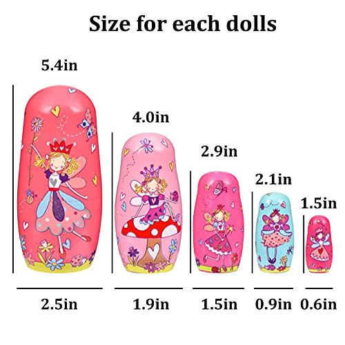 Hysiguan Russian Nesting Dolls-5Pcs 6" Tall Nesting Dolls, Wooden Pink Toys For Toddlers, Handmade Matryoshka Nesting Dolls For Easter, Valentines, Wedding, Party Decorations (Fairy) #TOP6