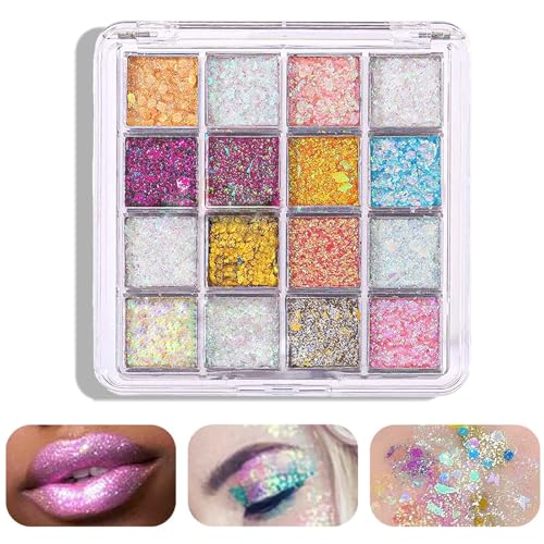 Cara brilhante de 16 cores, uso em acessórios de festival para rosto, corpo, olhos, cabelo, unhas, durável para festas, casamentos, apresentações de palco, música, festivais de purpurina