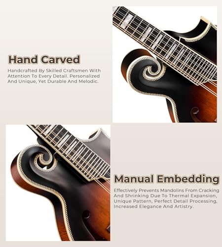 Image of Vangoa F-Style Mandolins Instrument, Solid Spruce and Maple, 29-Fret, Ebony Fingerboard and Bridge, 8 String Acoustic Mandolin, for Beginner Adults and the higher stages players, Classic Sunburst