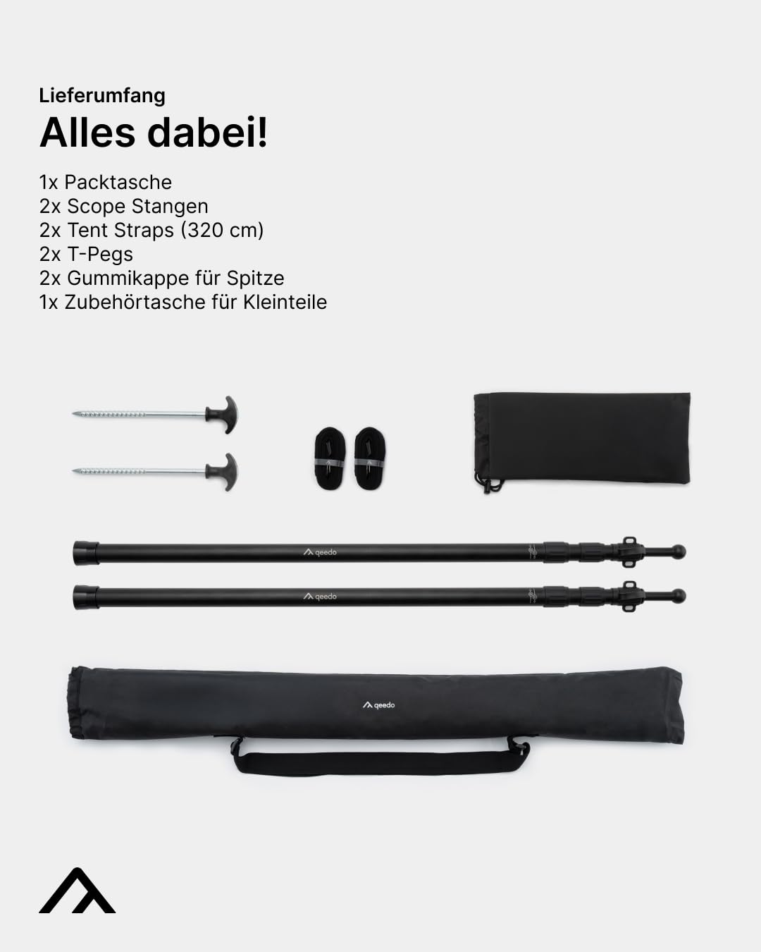 qeedo Scope Zeltstangen 2er Set - Aluminium Sonnensegel Stange 95-230 cm - Teleskopstange Camping für Tarp, Vorzelt, Sonnensegel & Markise - sturmsicher & wetterfest, Ultraleicht 550 g