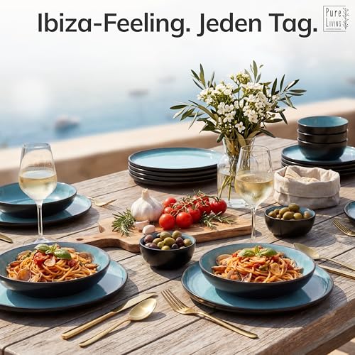 Foto von Steingut Geschirrset 6 Personen Ibiza 24 tlg. TESTSIEGER, Traumhaftes Mediterranes Steingut Geschirr Set, Schüssel- und Teller Set, Tafelservice 6 Personen, Geschirrsets Pure Living in Türkis