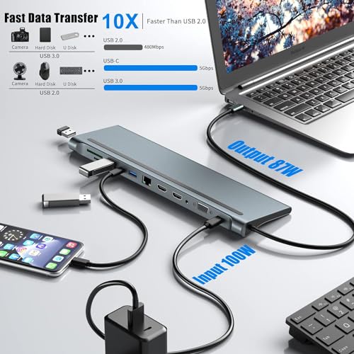 Image of USB HUB USB C Docking Station, Tongtion Laptop Docking Station Triple Monitor with 4K HDMI, VGA, 100W PD, USB-C, Gigabit Ethernet, 3 USB A, Audio, SD /TF (USB C to 12 in 1 with Dual HDMI HUB)