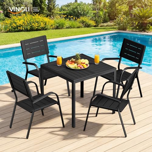 Image of VINGLI Outdoor Patio Dining Set,5 Piece Square Table Patio Furniture Set,HDPE All-Weather Material Outdoor Dining Table and Chair for Garden, Backyard, Poolside,Black
