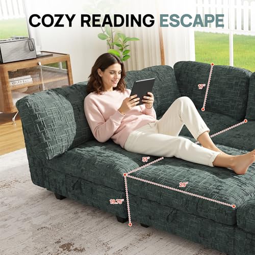 Image of 128 inch Modular Sectional Chenille Sofa bed with Hidden Storage, Comfy Modern 8 Seater Oversized Deep Seat Couch, Modular Sectional with Ottoman and Removable Cover for Living Room, Apartment, Green