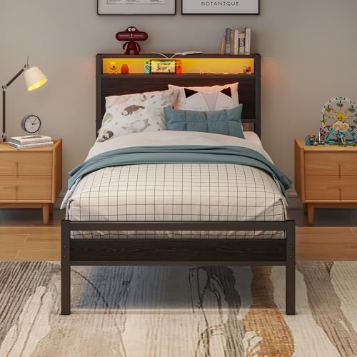 BORPHOM Letto in metallo e legno,90 x 200 cm,con rete a doghe,funzione di ricarica USB tipo C,testiera con vano portaoggetti,per ospiti o ragazzi,nero