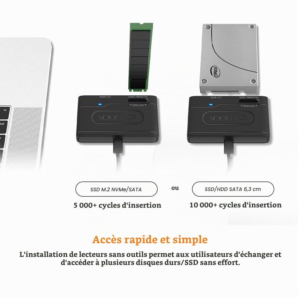 Icy Dock SSD M.2 NVMe/SATA Adaptateur, Adaptateur USB 3.2 Gen 2 (Type-C) jusqu'à 10 Gbps, vers SSD/HDD 2.5SATA et NVMe/SATA M.2, Lecteur Disque avec câble de Type C - EZ-Adapter MB104U-1SMB