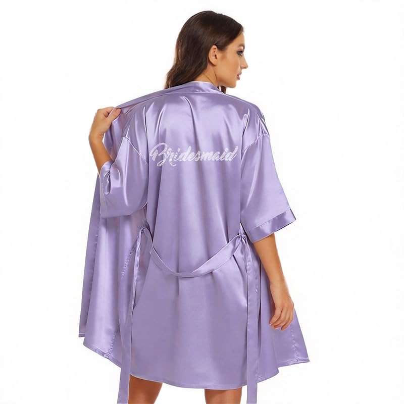 Image of Women's Bride Bridesmaid Robes Short Satin One Size Silver Rhinestones Wedding Party Getting Ready Sleepwear