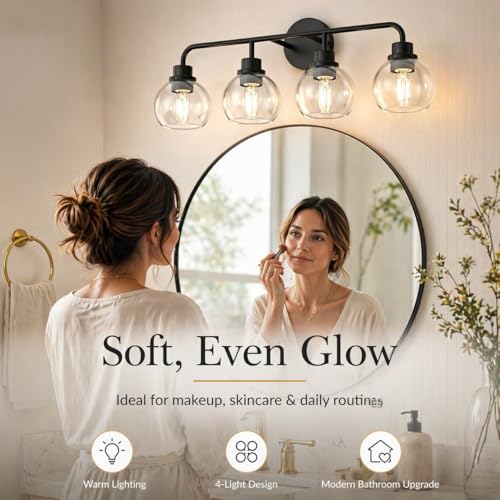 Image of DORESshop Bathroom Light Fixtures, 4-Light Black Vanity Lights Over Mirror, Wall Lamp Clear Glass for Living Room Decor Bedroom Porch Cabinet