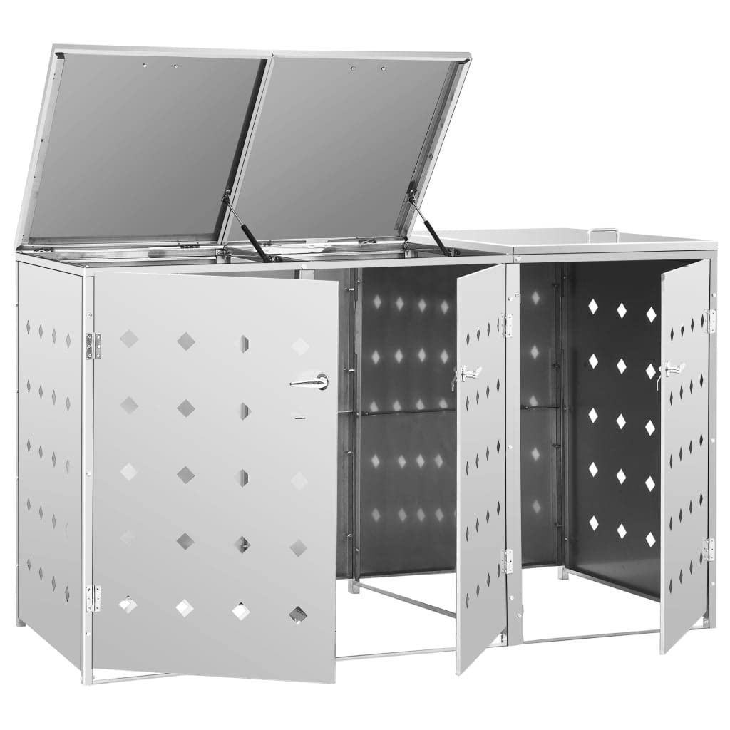 Mülltonnenbox aus Edelstahl für 3 Mülltonnen 240 L mit Tür und Schloss, witterungsbeständig, Lüftungsöffnungen, Mülltonnenverkleidung für Garten Terrasse Einfahrt
