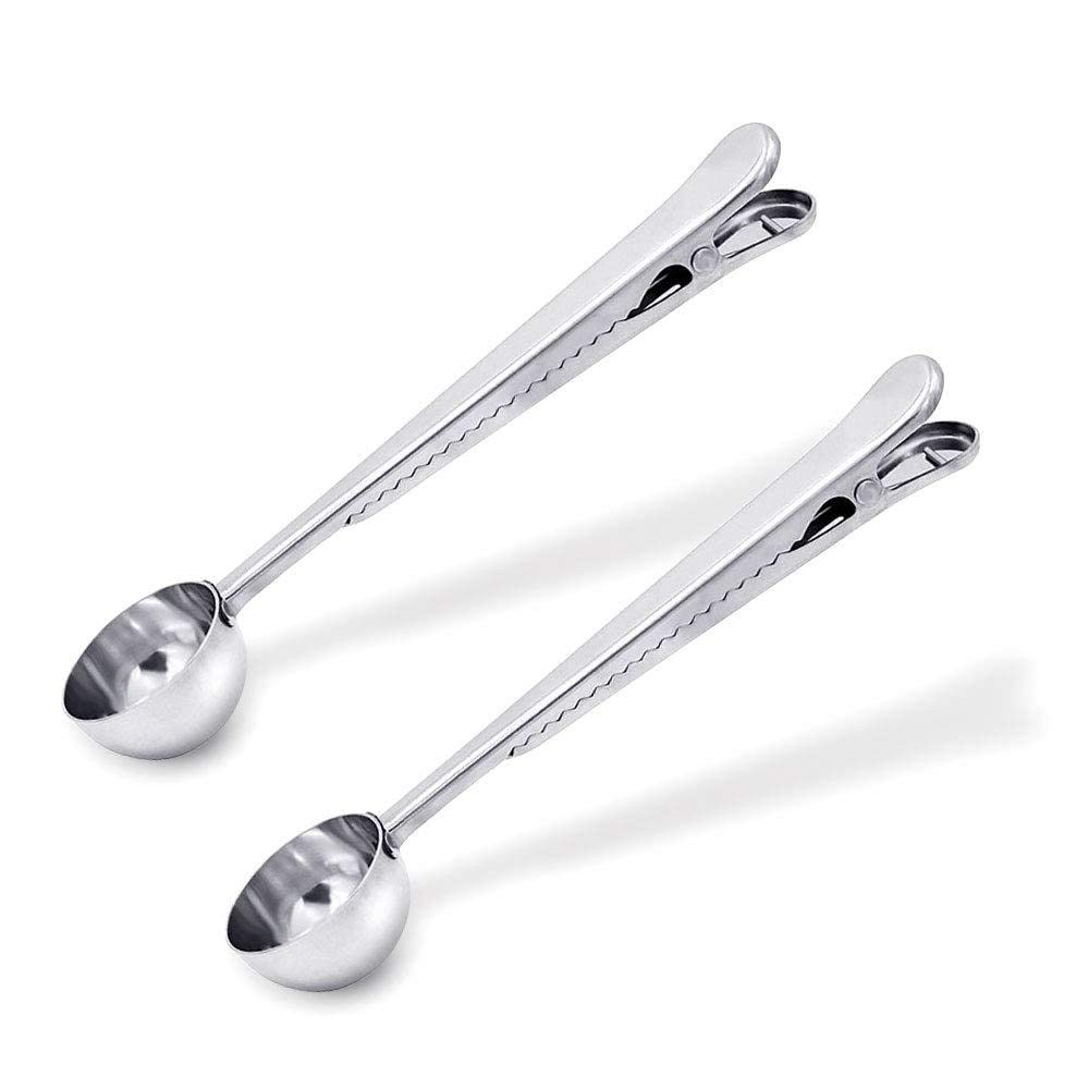 Coffee Scoop Clip, Kmeivol Stainless Steel Coffee Scoop Bag Clip, Multifunction Coffee Scoop with Clip, 2 Pack Tea and Coffee Scoop Clip, Coffee Scoop and Bag Clip for Coffee, Tea