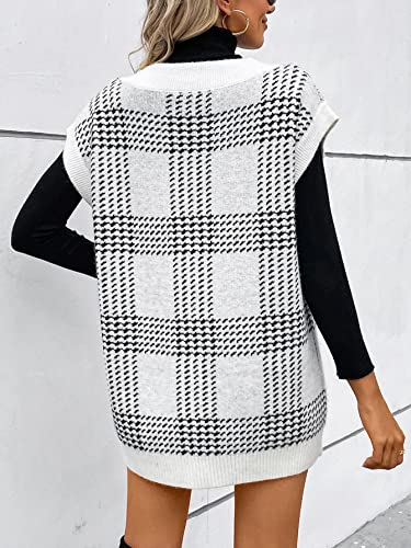 GORGLITTER Women's V Neck Sleeveless Oversized Sweater Vest Tops Trendy Plaid Argyle Fall Cozy Cable Knit Long Sweater2