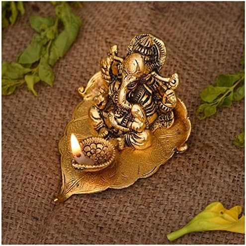 NOBILITY Ganesha on Leaf Statue Ganesh Idol with Diya for Home Office Pooja Puja Diwali Decorative Wedding Return Gift Items