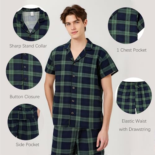 LANBAOSI Mens Pajamas Set Short Sleeve Button Down Shirts Shorts Plaid PJ Set Soft Lounge Set Sleepwear4