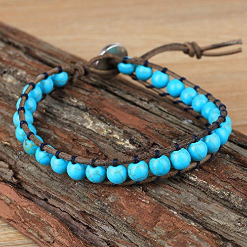 KELITCH New Turquoise Bracelets Skull Beaded Wrap Bracelet on Brown Leather Bracelets Handmade Jewelry4