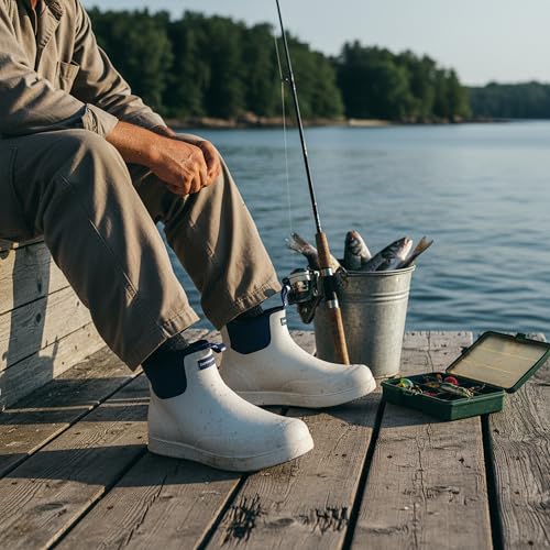 Image of WOVENPAK Deck Boots for Men, Rain Boots Men, Waterproof Fishing Boots, Mens Deck Boots, Anti-slip Rubber Work Ankle Rain Boots Shoes for Outdoor Fishing, Boating, Size 6-13