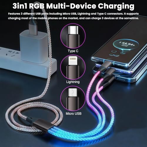 Image of Verilux 3-in-1 RGB LED PD 66W Type C Cable Fast Charging 3.9FT, 480Mbps Data Transmission C Type Charger Cable with C Connector, USB to Lighting, USB to Micro A for iPhone 17 /16 /15, Galaxy S25 /S24