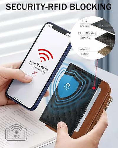 Image of Small Bifold Wallets Woman RFID Mini Wallet for Women Slim Card Holder with Zipper Coin Pocket & 2 ID Windows (Black&Brown)