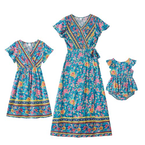 IFFEI Mommy and Me Boho Floral Maxi Dress Matching Summer V-Neck Ruffle Sleeve Family Outfits for Beach Vacation Photoshoots