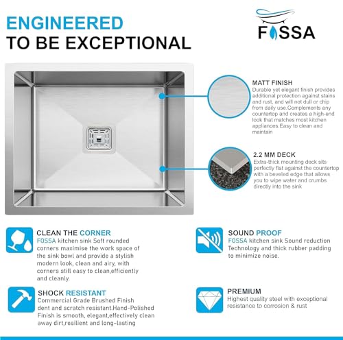 Image of Fossa 24x18x10 Inch ๐-๐๐๐๐ ๐๐๐๐๐๐๐๐ Single Bowl Kitchen Sink | Premium Stainless | Under /Top Mount Sink with Drain & Sound Pads | Luxury Home Modular Sink Silver (Matte Finish)