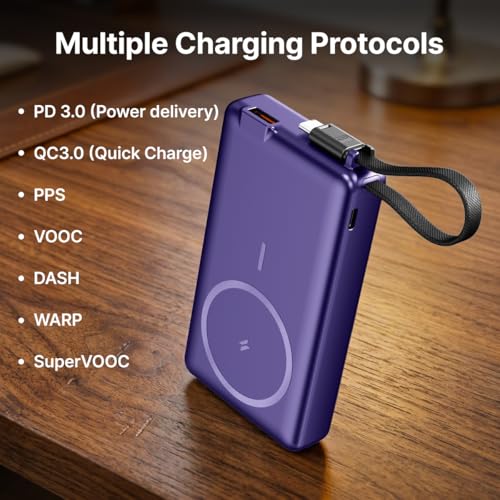 Image of pTron Dynamo Dash Magnetic Wireless 10000mAh Fast Charging Slim Power Bank, MagSafe, 22.5W Output, Compatible w /iPhone 12 /13 /14 /15 /16, Android & Other Qi Enabled Devices, Type-C Input (Purple)