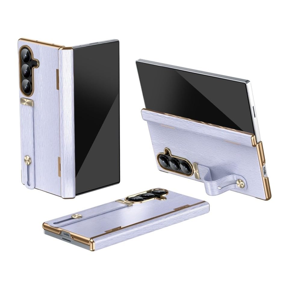 Coque Galaxy Z Fold 4 anti-choc violette avec sangle de maintien en cuir rigide