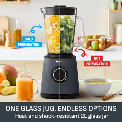Tefal PerfectMix High-Speed Blender, 1200W, 2L Glass Jug, Powelix Technology, Removable Blades, Ideal for Smoothies, Soups, Sauces & Dips, Grey, BL771BG0