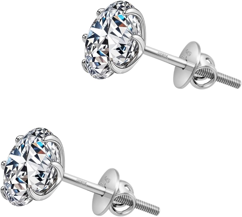 925 Silver Solitaire Screwback Stud Earrings | 92.5 Sterling Silver & Round Brilliant Cubic Zirconia Tops for Men Women
