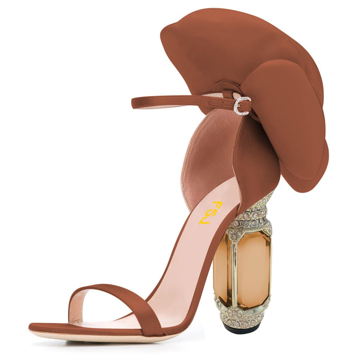 FSJ Women Open Toe Crystal Block Heels Sandals with Flower Bloom Back Ankle Strap Buckle Silk Satin Chunky Thick High Heels Wedding Party Shoes Size 4