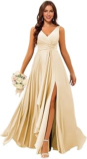 Women's Satin Bridesmaid Dresses Long V-Neck Ruched Formal Evening Gown with Pockets VS068