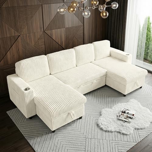 Image of Sectional Couches for Living Room, Sectional Sleeper Sofa with Pull Out Bed, Modular Corner Sofa with Storage, Convertible Sofa Bed for Living Room, Bedroom and Apartment, Beige