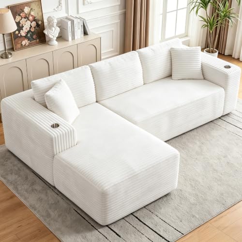 Image of Cloud Sectional Boneless Couches for Living Room,Modular Sectional Sofa with 2 Cup Holders,Memory Foam Cloud Couch with L Shaped Oversized Chaise,No Assembly Needed Plush Corduroy Sofa,Beige
