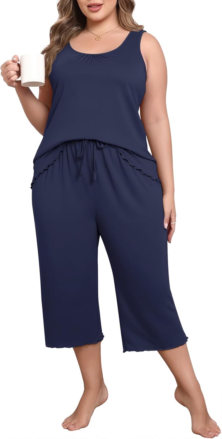 Lastshe Women's Plus Size Pajama Set 2 Piece Sleepwear Soft Cozy Sleeveless Knit Tank Top Capri Pants Lounge PJs with Pockets - Image 2