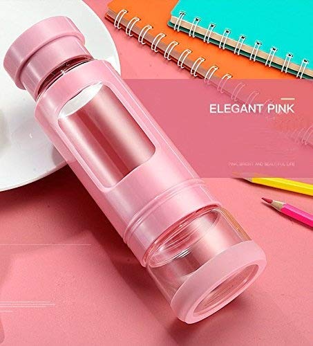 iRSE Tea Infuser Bottle Tumbler Glass with Plastic housing and Stainless Steel Strainer, with Extra Storage on The Bottom for Loose Leaf Travel Filter ice Drink Fruit Water Herbs 14 oz (Pink)