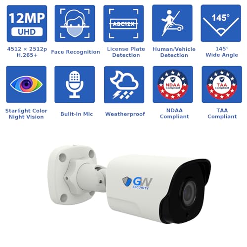 Image of GW Security 16 Channel NVR UltraHD 12MP 6K Face /Human /Vehicle Detection PoE Security Camera System with 8 x 12MP IP Microphone Smart AI Bullet Cameras, Color Night Vision, Outdoor /Indoor Camera