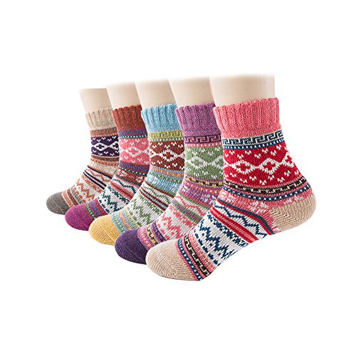 Flow.month Damen Socken 5 Paar Wollsocken Winter Damensocken Thermosocken Bunte Gemusterte Stricksocken?style9?