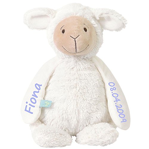 Elefantasie Stofftier Schaf mit Namen und Geburtsdatum personalisiert Geschenk 20cm weiß Aufdruck hellblau