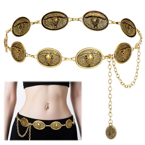 Metal Western Cowgirl Belts for Woman,Gold Western Belt Chain Oval Cool Waist Chain Cowgirl Country Belts Women for Dresses Jeans