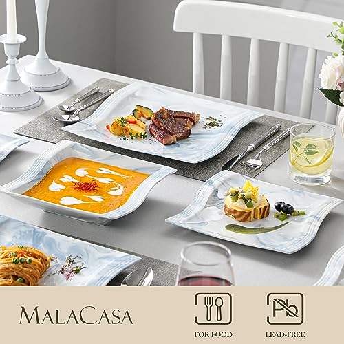 Image of MALACASA Dinnerware Sets for 6, 30 Piece Porcelain Plates and Bowls Sets, Square Dish Set with Dinner Plate and Bowl, Cup and Saucer, Blue Dishes Dinnerware Set, Modern Dishware Sets, Series Flora