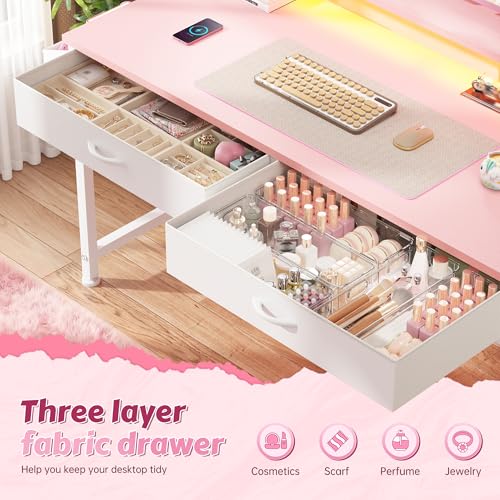 Image of DurayLoly 39.4Inch Office Computer Desk with LED Lights & 2 Fabric Drawers, Gaming Desk with Side Pocket & Ergonomic Monitor Stand, Small Space Study Writing Table with Anti-Tip Design,Pink