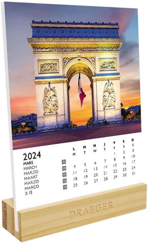 DRAEGER Paris 2024 Calendar on Base 12 x 16.5 cm Year 2024 7 Languages Monthly Desk Decoration Calendar Bamboo Base FSC® Certified Paper Vegetable Inks