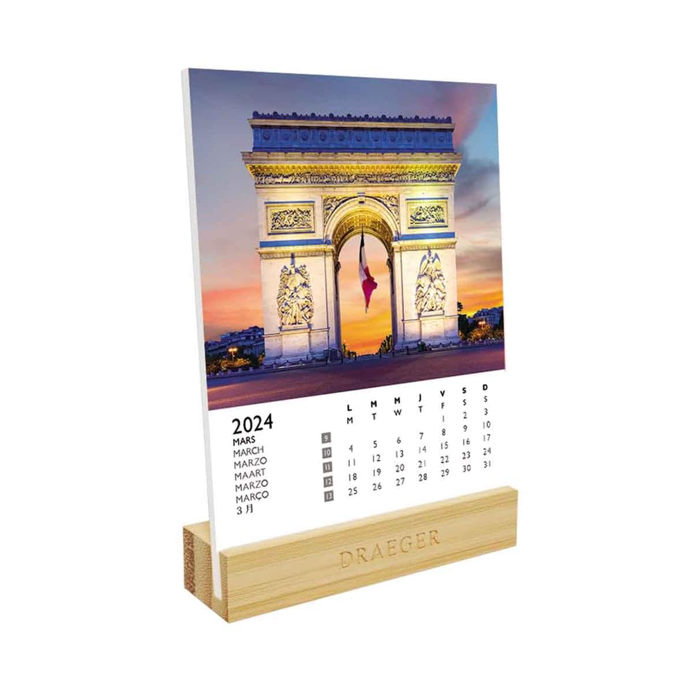 DRAEGER Paris 2024 Calendar on Base 12 x 16.5 cm Year 2024 7 Languages Monthly Desk Decoration Calendar Bamboo Base FSC® Certified Paper Vegetable Inks