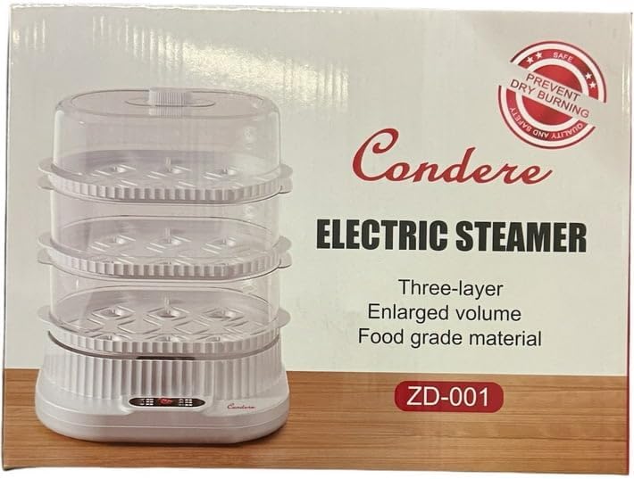 Disassembled Condere ZD-001 3-Tier Electric Food Steamer showing its individual components.