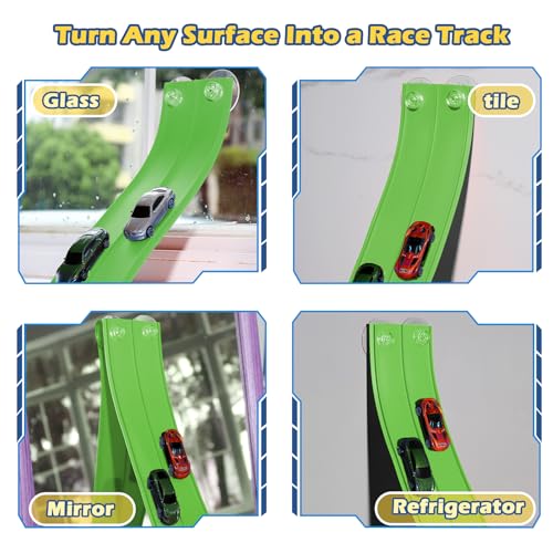 Image of Upgrade Flexible Race Track Flex Tracks for Kids 3+, 15Ft Flexible Car Track Race Car Track Compatible with Diecast 1 /64th Cars, Roll Up Race Ramp Toy with Strong Suction Cups
